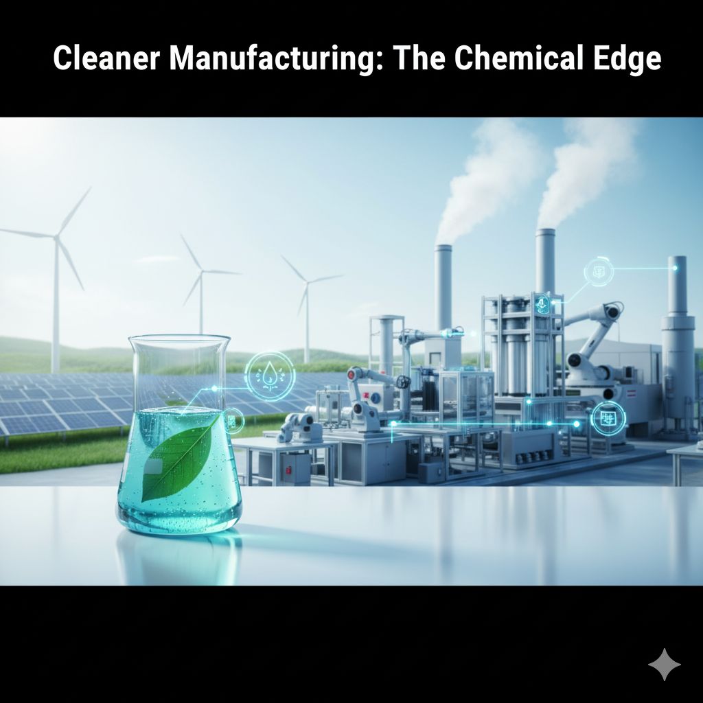 advanced-chemical-solutions-cleaner-manufacturing A vibrant chemical solution in a beaker with a green leaf, set against a modern, clean manufacturing facility with subtle eco-friendly elements and the headline "Cleaner Manufacturing: The Chemical Edge."