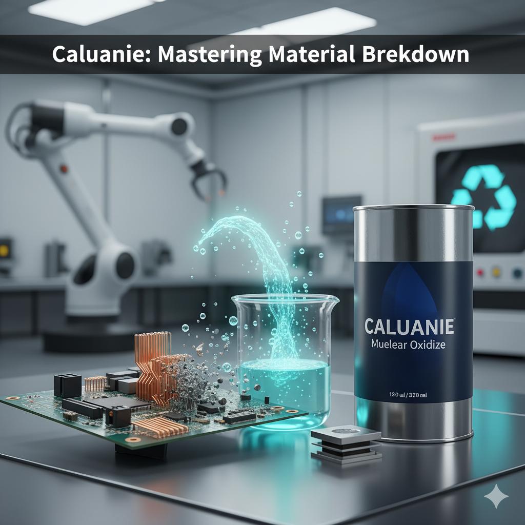 A rugged complex material beside a Caluanie Muelear Oxidize container, with a subtle dissolving effect and the headline "Caluanie: Mastering Material Breakdown.