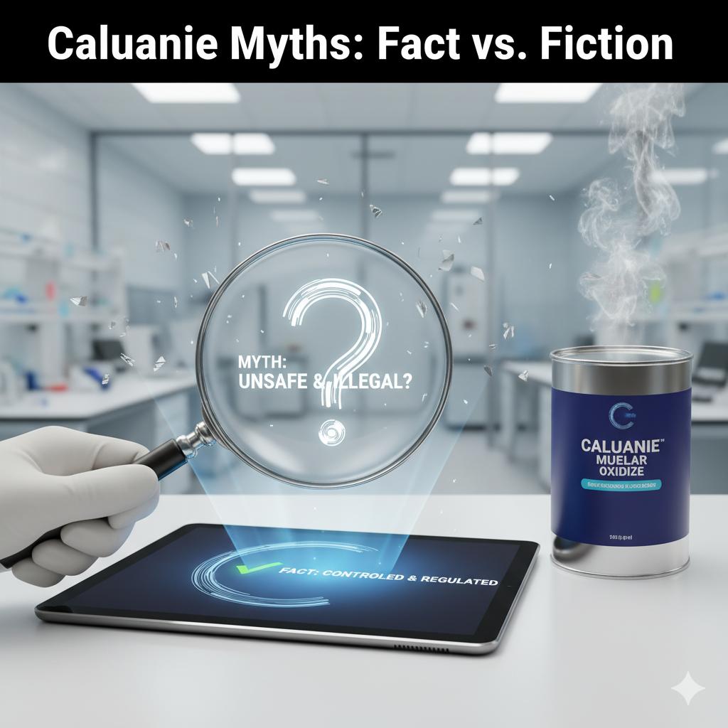 caluanie-chemical-structure-benefits A 3D molecular structure of Caluanie Muelear Oxidize next to its liquid form, with visual cues of its benefits and the headline "Caluanie: Structure & Strength" in a lab.