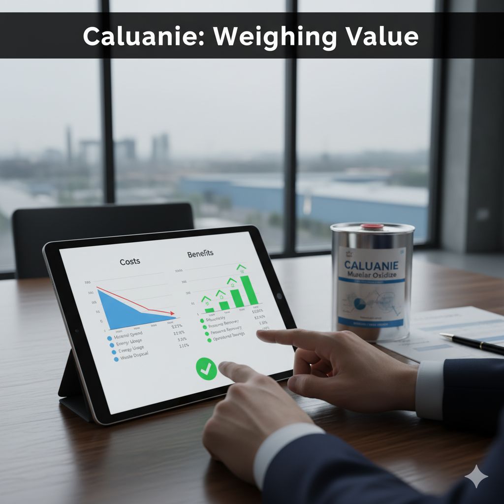 caluanie-cost-benefit-analysis A digital display showing a balanced cost-benefit analysis, with a Caluanie Muelear Oxidize container and the headline "Caluanie: Weighing Value" in a professional setting.