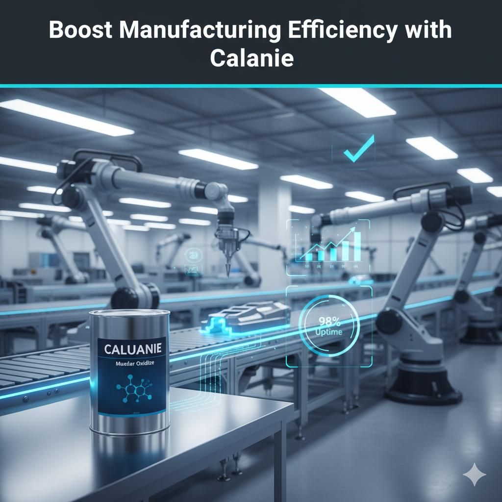 A Caluanie Muelear Oxidize container beside a highly automated and efficient manufacturing line with robotic arms and digital efficiency graphics, featuring the headline "Boost Manufacturing Efficiency with Caluanie."