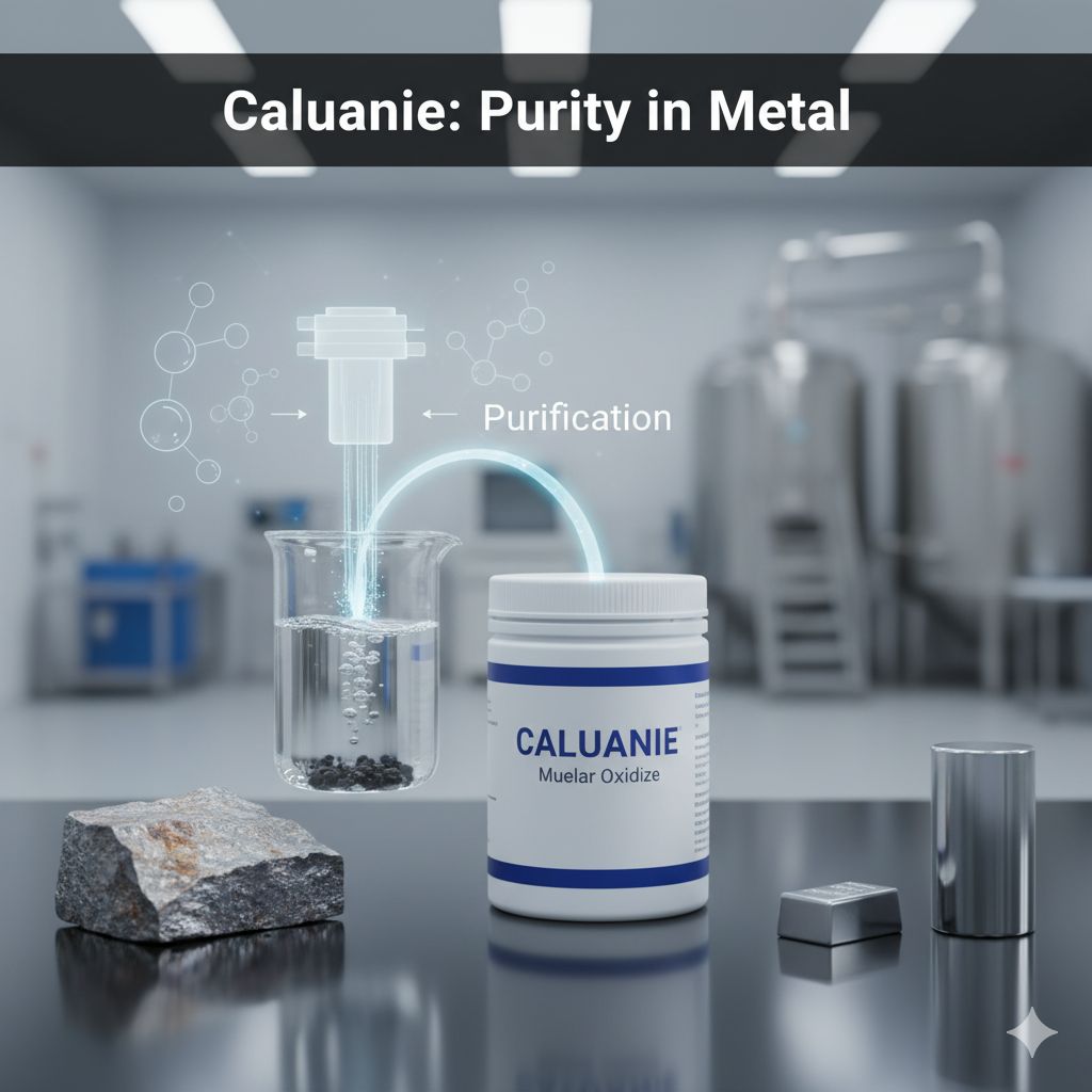 caluanie-metal-purification-guide Raw metal contrasted with purified metal, a Caluanie Muelear Oxidize container, and the headline "Caluanie: Purity in Metal" in a modern metallurgical lab.