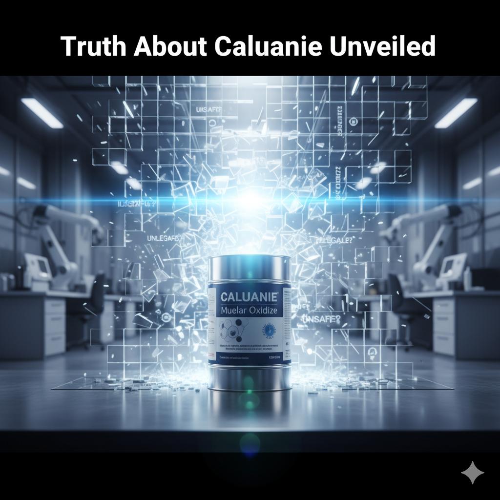 caluanie-myths-debunked-unveiled A Caluanie Muelear Oxidize container in front of a shattering wall of myths, with the headline "Truth About Caluanie Unveiled," set in a modern lab.