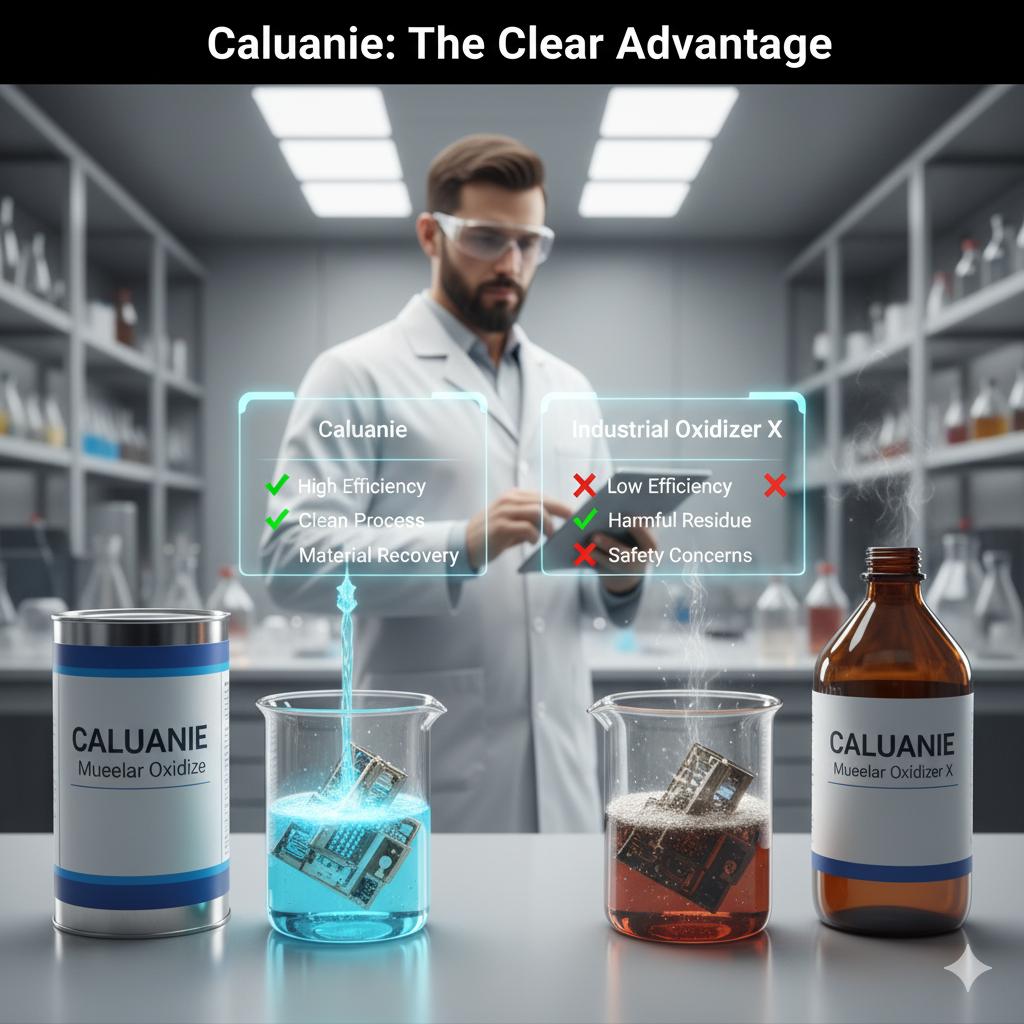 A side-by-side comparison of Caluanie Muelear Oxidize versus a generic oxidizer in beakers, with the headline "Caluanie: The Clear Advantage" in a lab setting, highlighting differences.