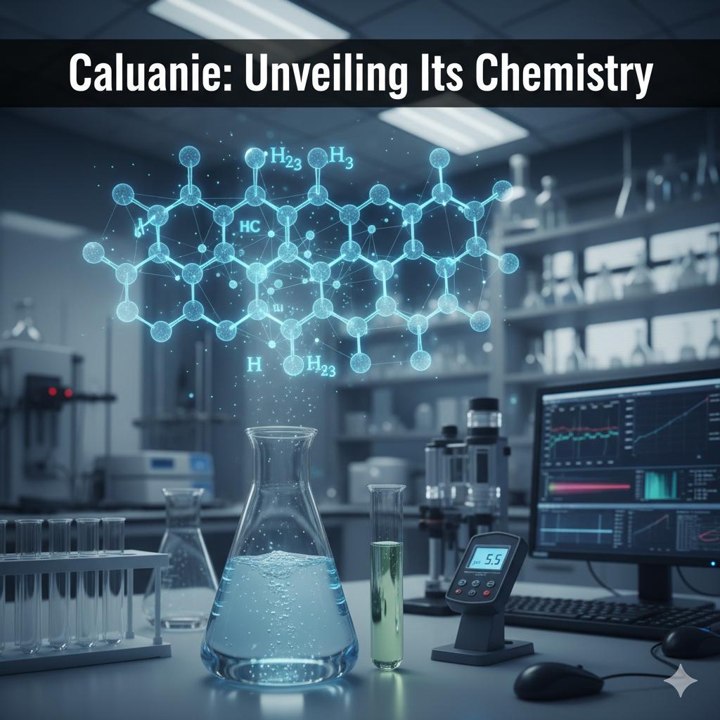 chemical-properties-caluanie-muelear-oxidize A clear flask of Caluanie Muelear Oxidize with a holographic molecular structure and analytical lab equipment, featuring the headline "Caluanie: Unveiling Its Chemistry."