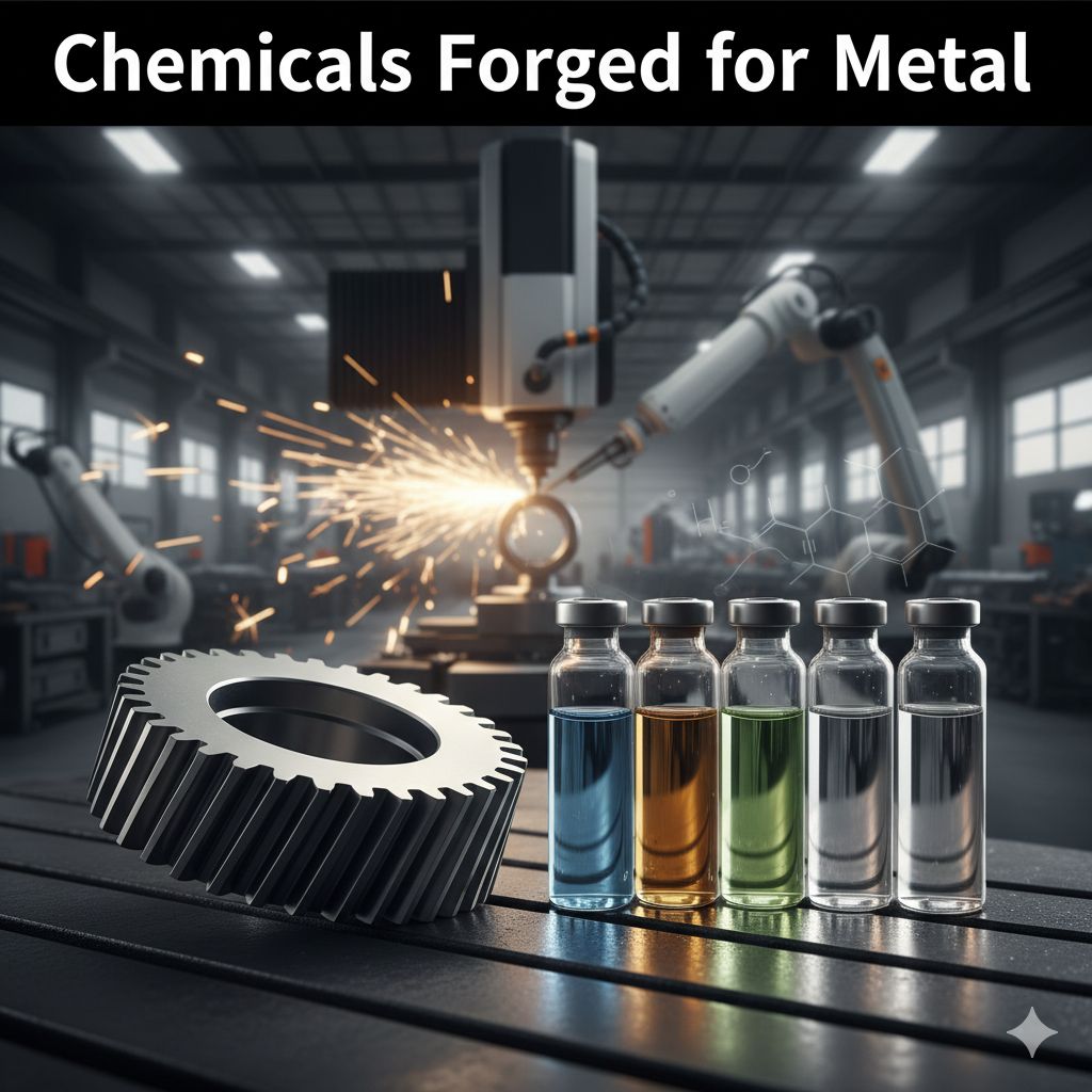 chemicals-reshaping-metalworking-industry Precision-machined metal part alongside chemical beakers, with sparks from a CNC machine, highlighting "Chemicals Forged for Metal" in the metalworking industry.