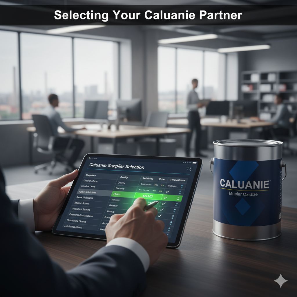A hand selecting a trusted supplier from multiple options on a digital screen, with a Caluanie Muelear Oxidize container and the headline "Selecting Your Caluanie Partner" in a procurement office.