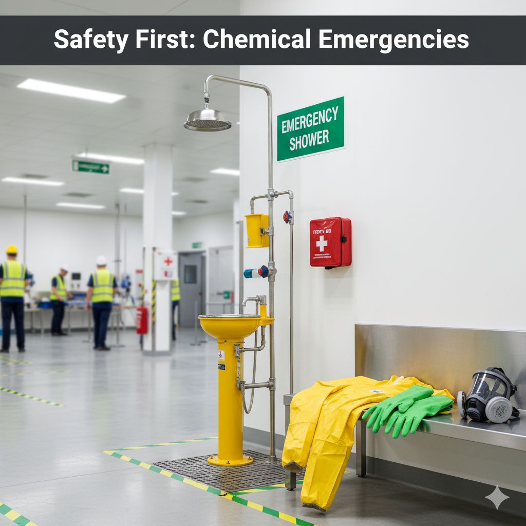 emergency-response-chemical-exposure-factories An emergency shower and eyewash station with PPE in a factory setting, illustrating "Safety First: Chemical Emergencies" and readiness for chemical exposure.