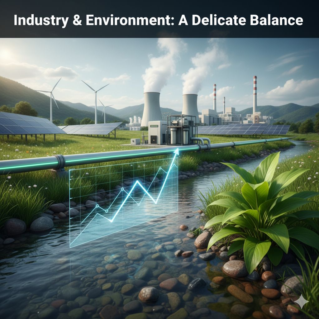 environmental-impact-industrial-chemicals A serene natural landscape juxtaposed with a modern industrial facility and a green plant, illustrating "Industry & Environment: A Delicate Balance" regarding chemical impact