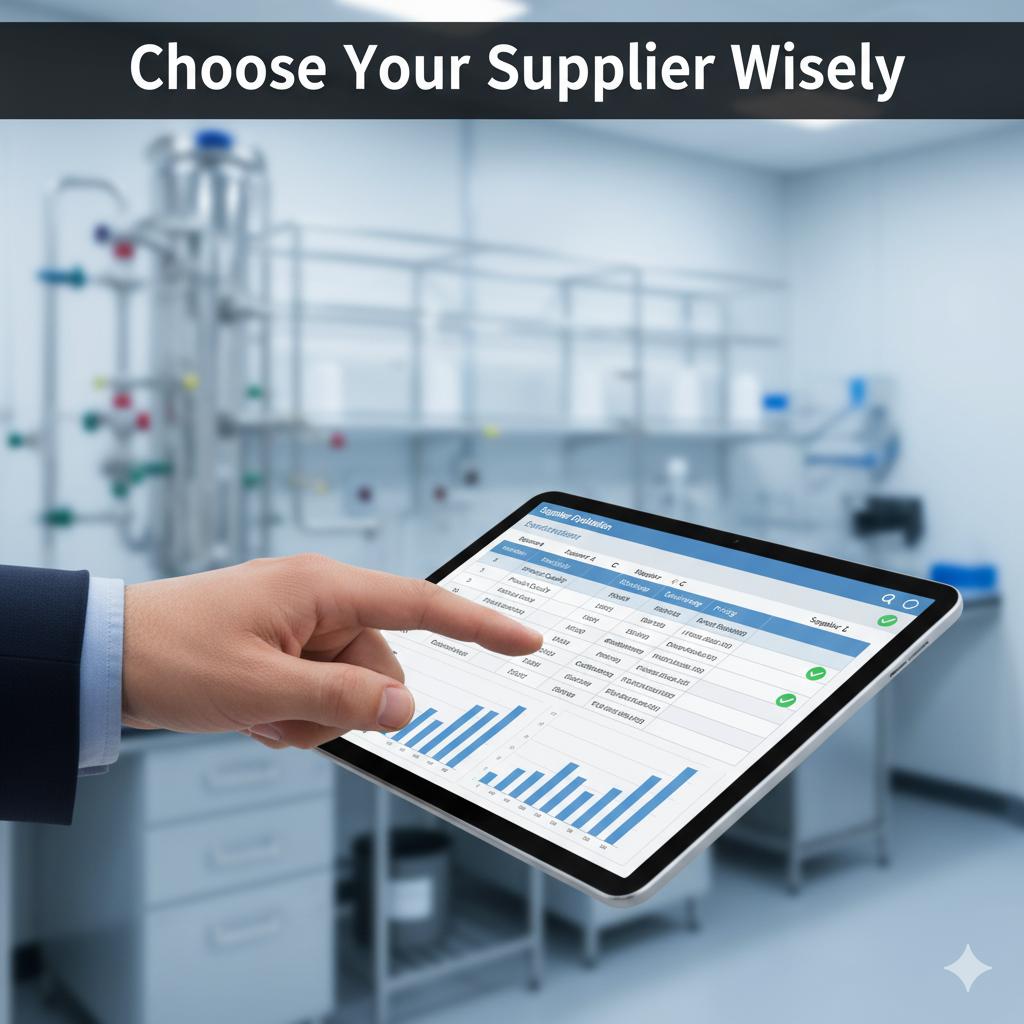 A tablet displaying supplier evaluation metrics with the headline "Choose Your Supplier Wisely," set against a blurred industrial background.