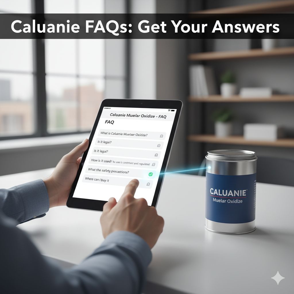 faq-caluanie-muelear-oxidize A tablet displaying FAQs about Caluanie Muelear Oxidize with a hand interacting, a Caluanie container, and the headline "Caluanie FAQs: Get Your Answers" in a clean setting.