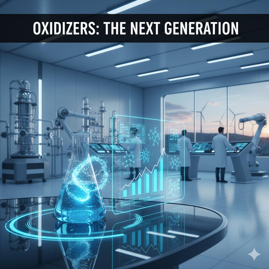 future-industrial-oxidizing-agents A glowing futuristic flask of oxidizing agent with a holographic display of growth charts and molecular structures, featuring the headline "Oxidizers: The Next Generation" in a high-tech lab.