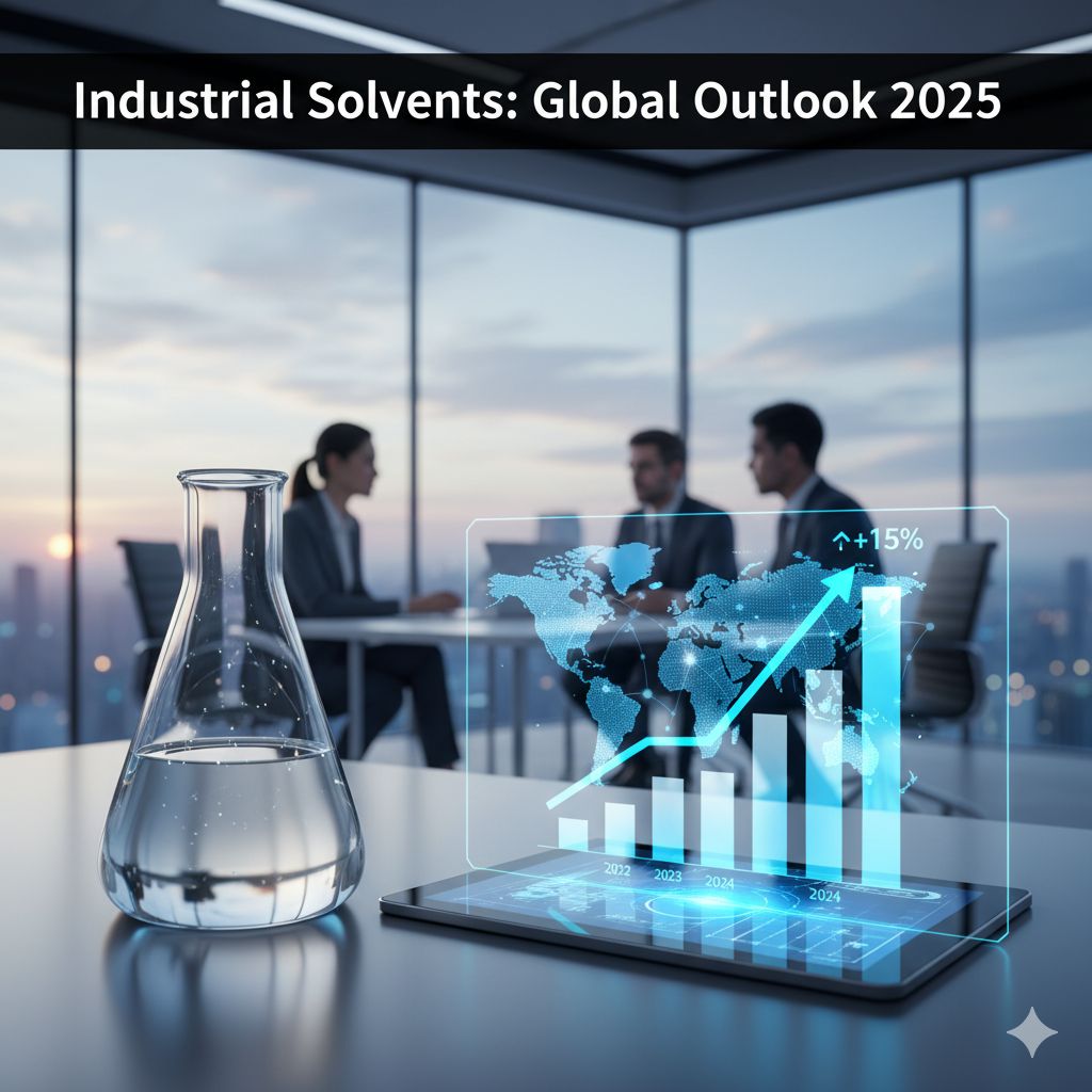 A clear solvent in a beaker, with a digital market growth chart for 2025 and a global map, featuring the headline "Industrial Solvents: Global Outlook 2025."