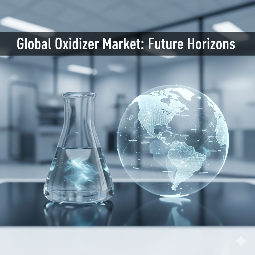 global-market-outlook-advanced-oxidizers A glowing beaker representing advanced oxidizers with a holographic global map and data points, illustrating "Global Oxidizer Market: Future Horizons."