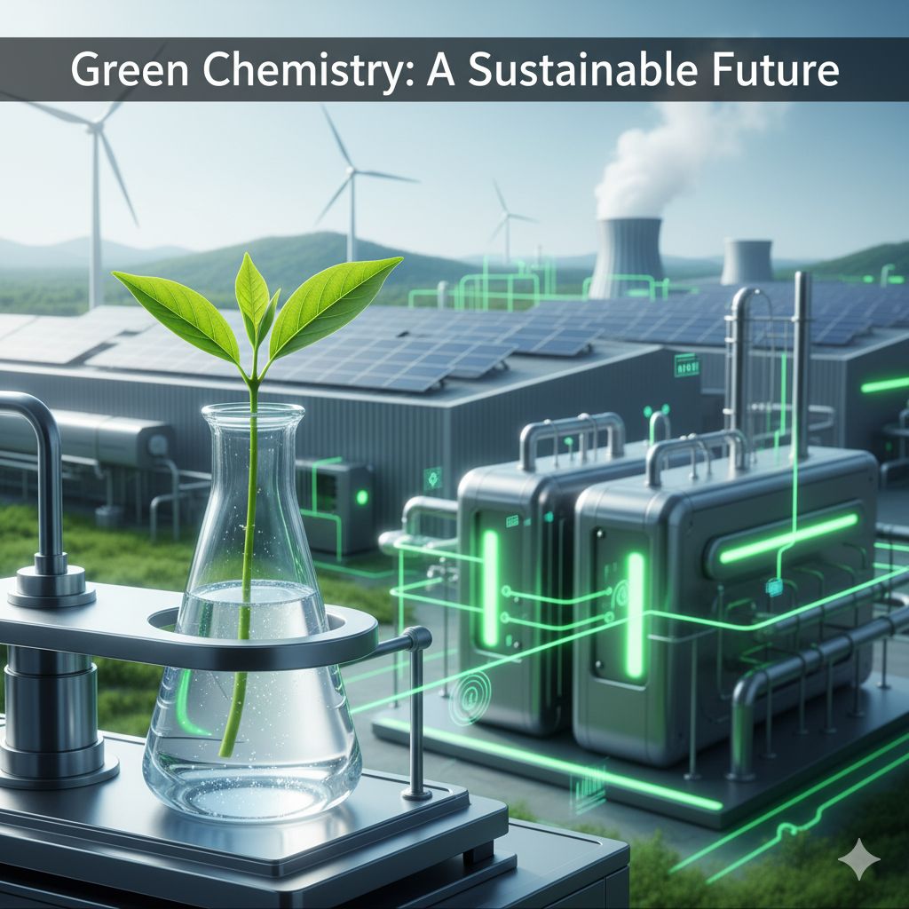green-chemistry-transforming-manufacturing A vibrant image showing a green plant in a lab beaker with modern industrial machinery and sustainable energy elements, illustrating "Green Chemistry: A Sustainable Future" in manufacturing.