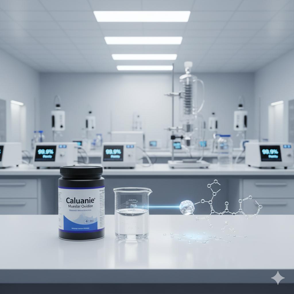 high-purity-caluanie-muelear-oxidize An impeccably clear liquid sample of Caluanie Muelear Oxidize next to its branded container, with high-precision lab equipment and the headline "Caluanie: Purity Perfected" in a sterile lab.