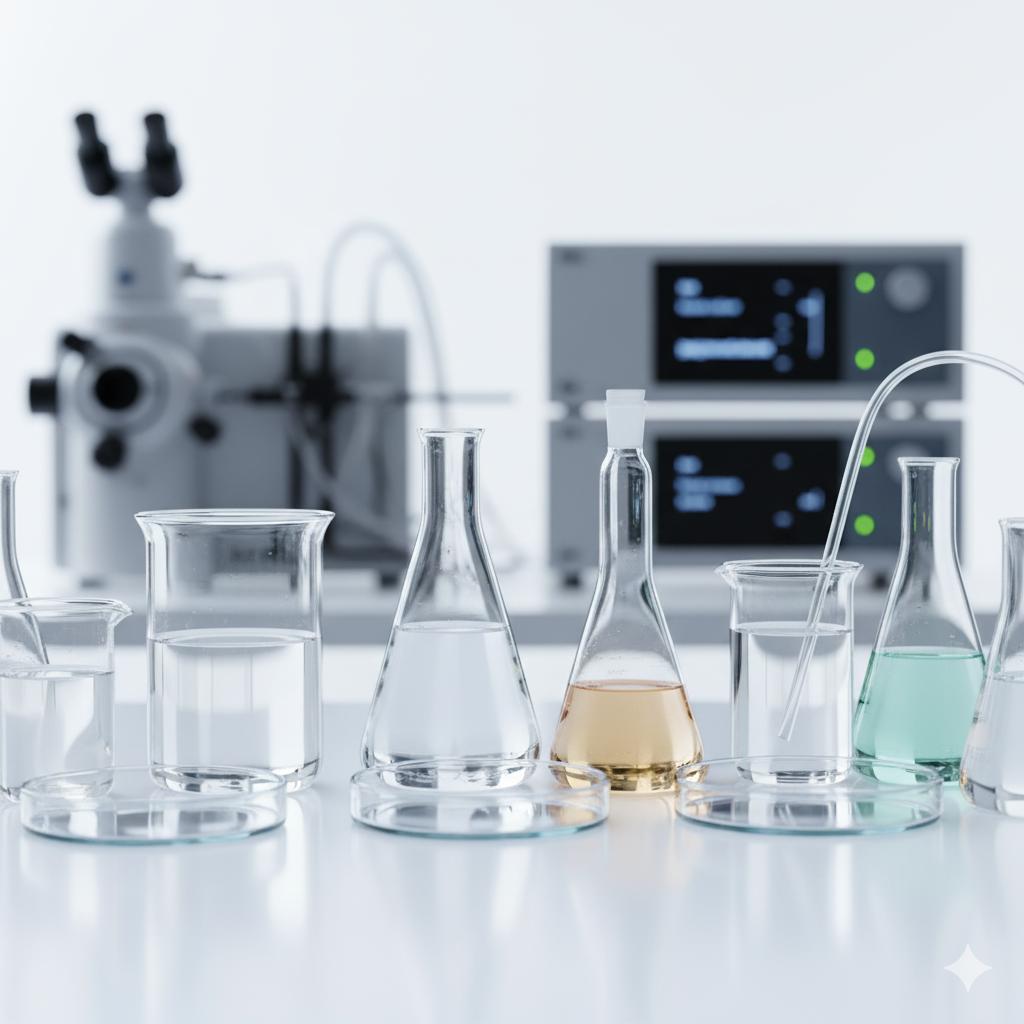 high-purity-oxidizers-for-industrial-applications Various laboratory glassware containing high-purity oxidizers, signifying quality and precision for industrial buyers and advanced applications.