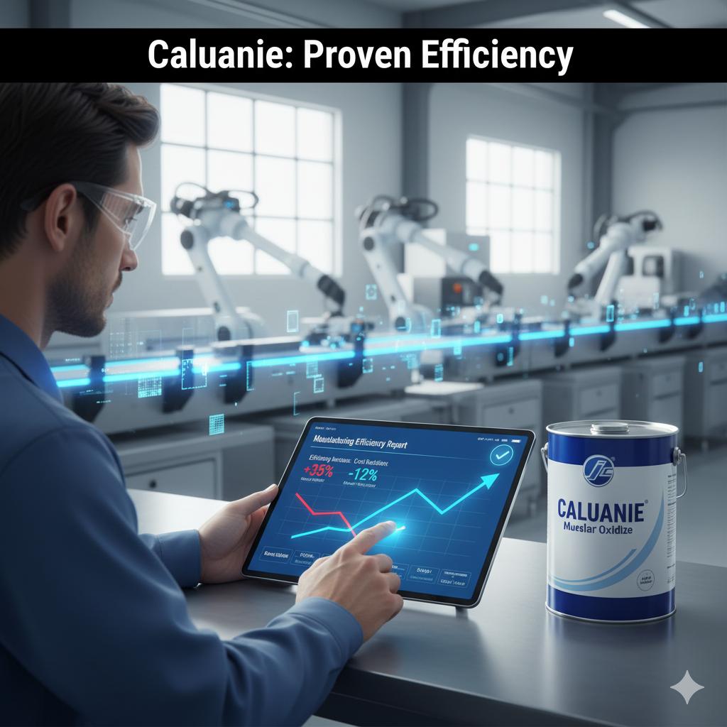 industrial-case-study-caluanie-efficiency An industrial professional reviewing a digital screen showing increased efficiency metrics with a Caluanie Muelear Oxidize container, featuring the headline "Caluanie: Proven Efficiency" in a factory setting.