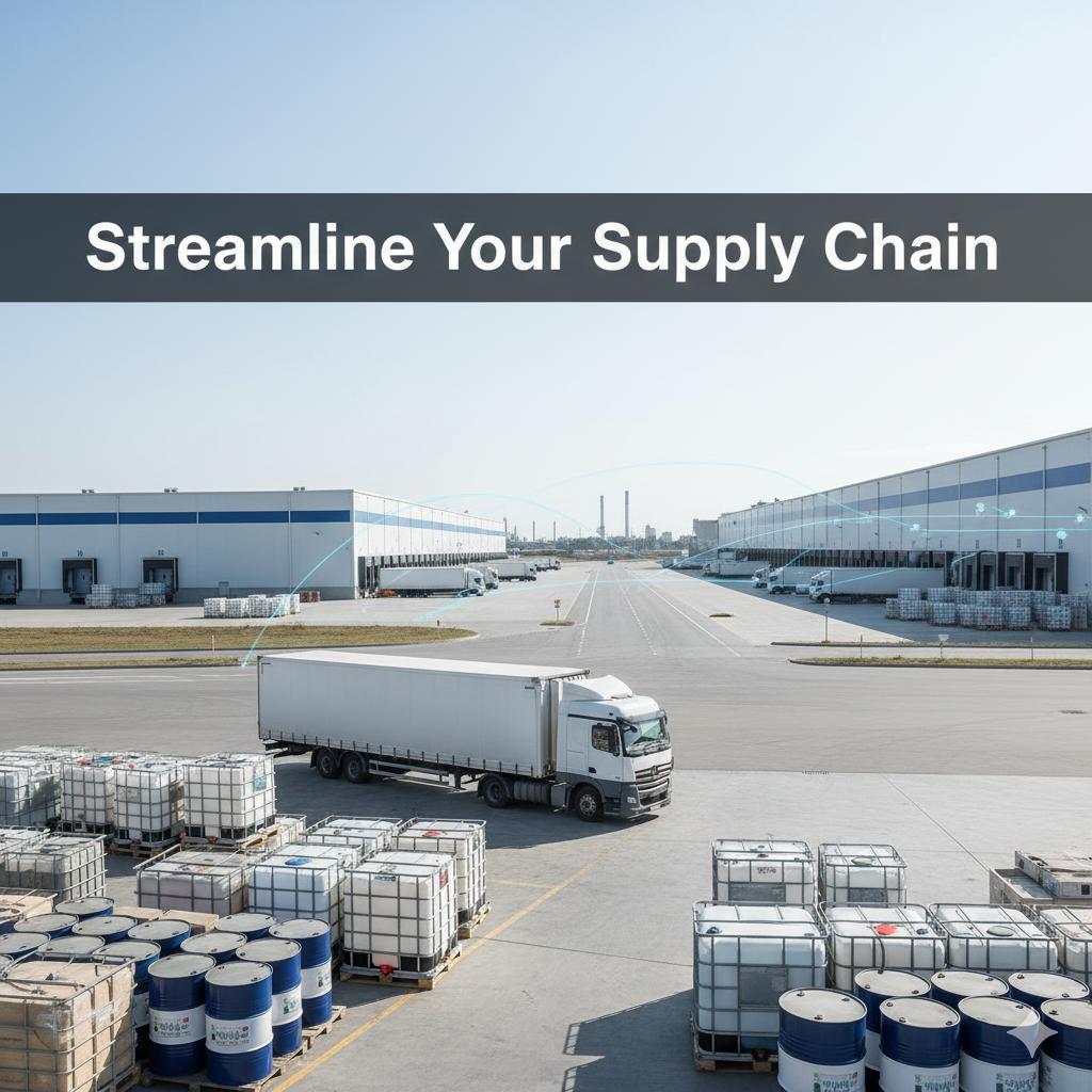 industrial-chemicals-supply-chain-efficiency A dynamic view of an optimized industrial chemical supply chain with trucks, warehouses, and digital elements, featuring the headline "Streamline Your Supply Chain."