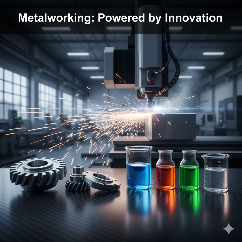 A gleaming precision metal component next to vials of innovative chemicals, with a modern CNC machine in the background, featuring the headline "Metalworking: Powered by Innovation."