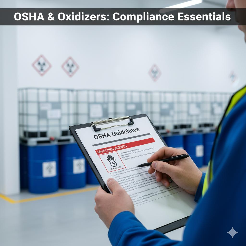 osha-guidelines-industrial-oxidizers A hand pointing at OSHA guidelines for industrial oxidizers on a clipboard, with safety signs in a factory background, and the headline "OSHA & Oxidizers: Compliance Essentials.