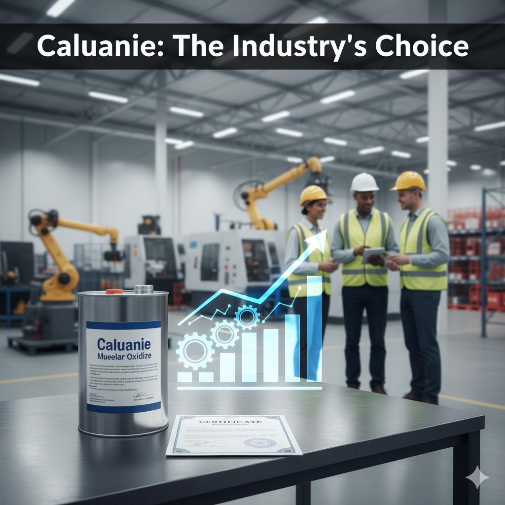 reasons-caluanie-trusted-industry A Caluanie Muelear Oxidize container with a quality certificate, industrial professionals, and the headline "Caluanie: The Industry's Choice" in a trusted factory setting.