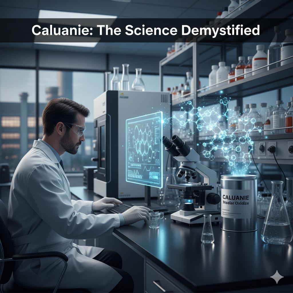 science-behind-caluanie-professionals A high-tech laboratory scene with a scientist, advanced equipment, a Caluanie Muelear Oxidize container, and a molecular model, featuring the headline "Caluanie: The Science Demystified."