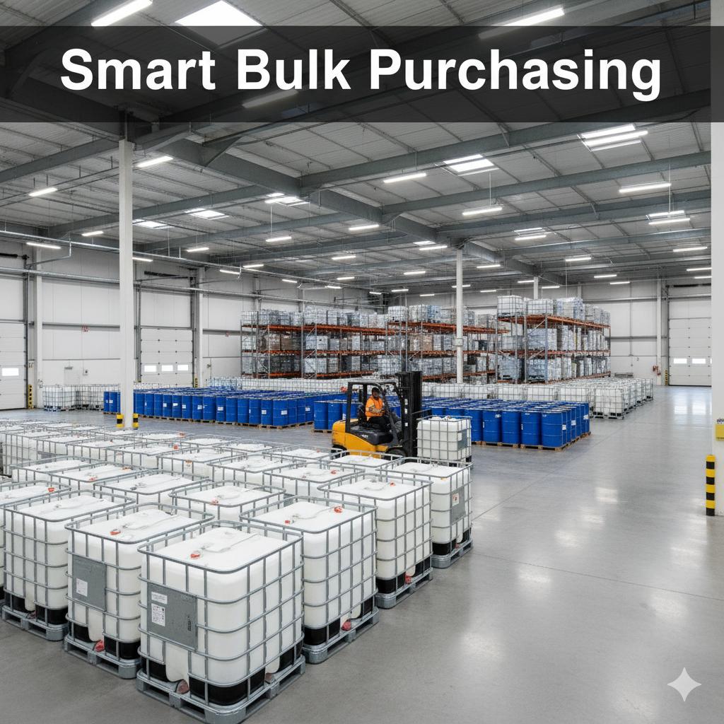 A large industrial warehouse with neatly stacked chemical containers, illustrating smart bulk purchasing for cost efficiency and reliable supply.