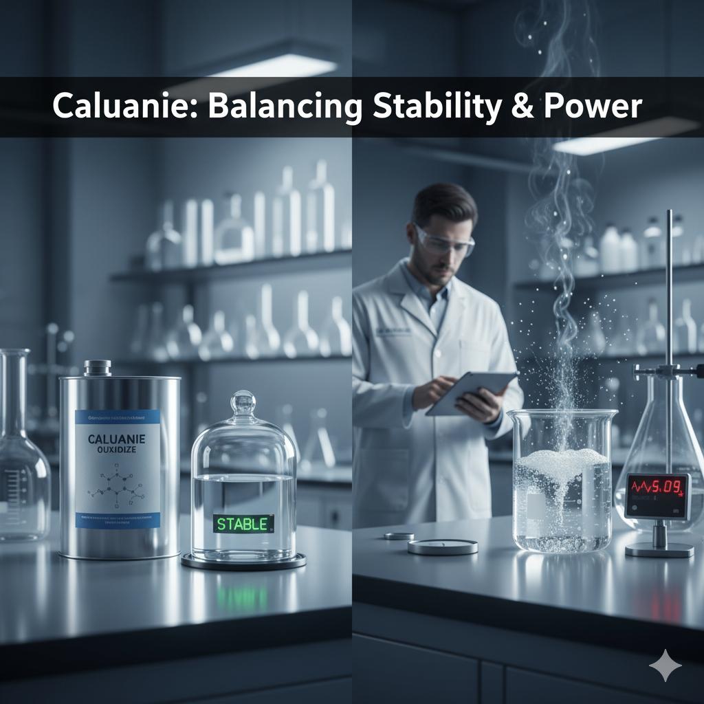 stability-reactivity-caluanie-muelear-oxidize A Caluanie Muelear Oxidize container demonstrating stability alongside a controlled chemical reaction for reactivity, with the headline "Caluanie: Balancing Stability & Power" in a lab.