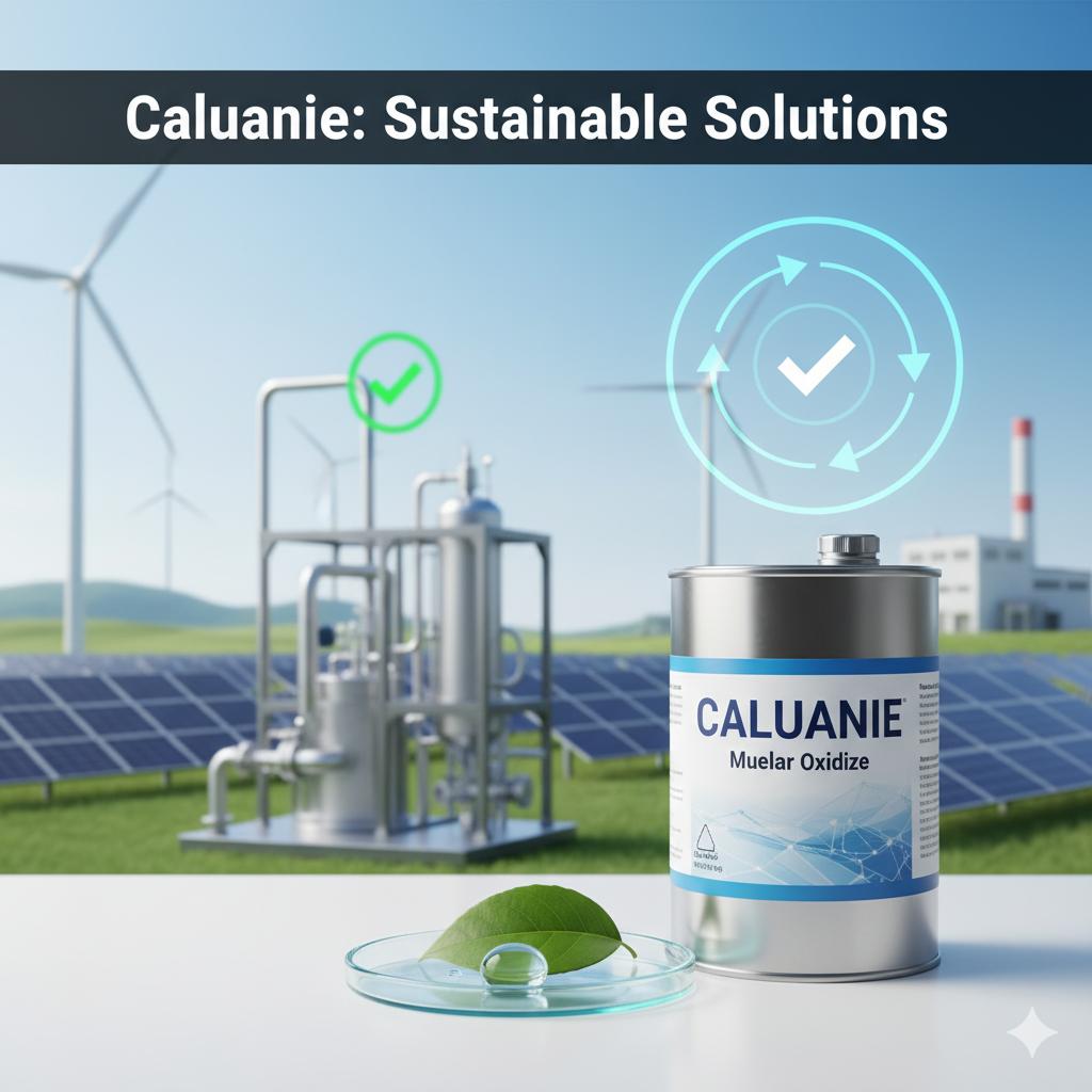 A Caluanie Muelear Oxidize container beside a green leaf and a clean industrial process, featuring the headline "Caluanie: Sustainable Solutions" to convey environmental responsibility.