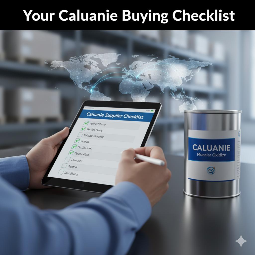 where-to-buy-caluanie-checklist A hand checking off items on a digital checklist for buying Caluanie Muelear Oxidize, with a Caluanie container and the headline "Your Caluanie Buying Checklist" in a procurement setting.