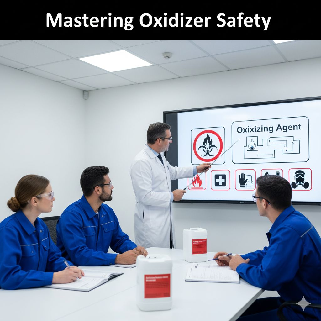 workplace-safety-training-oxidizing-agents Industrial workers engaged in safety training for oxidizing agents, with an instructor pointing to a safety diagram and the headline "Mastering Oxidizer Safety."